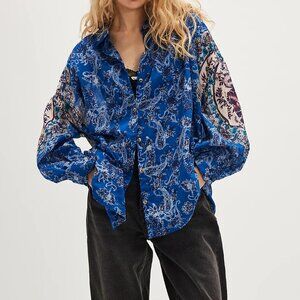 Free People Rose Bud Paisley Print Blouse Women's Small S Blue Combo NWT